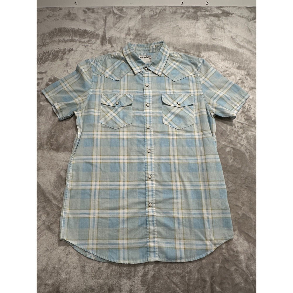 Warp & Weft Shirt Men's Size Large Light Blue Plaid Short Sleeve Pearl Snap‎ EUC